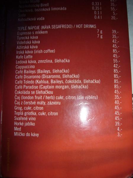 Nápojový lístek v Café Royal